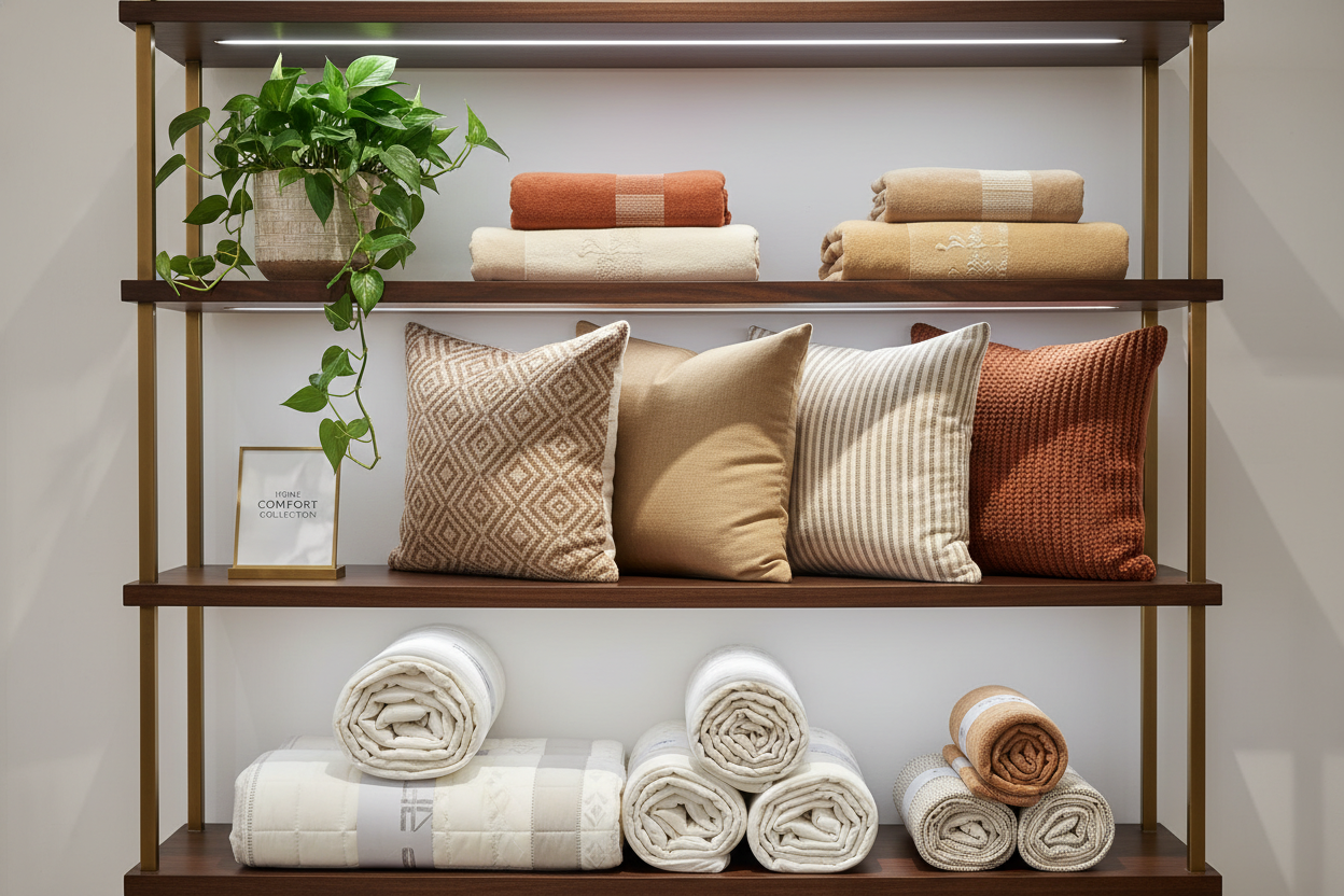 ayudame a crear una imagen de un anaquel que tenga almohadas, protectores de colchon, cobijas, todo muy elegante y en colores tierra, com una planta