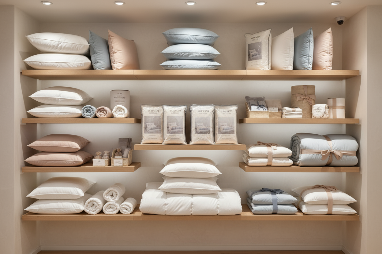 mostrador de pared con almohadas, protectores de colchón, debuts, edredones, sabanas, etc